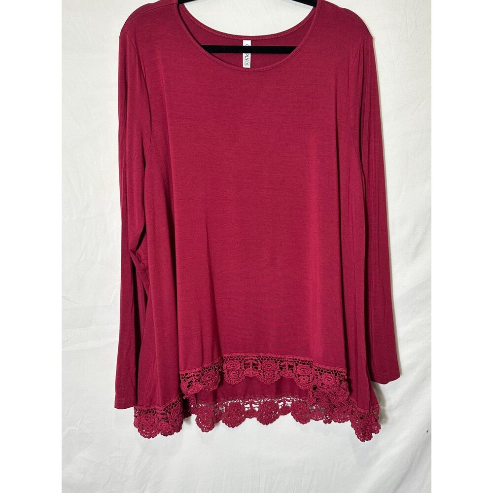 Cueply Women's Plus Size Cranberry Stretchy Knit Tunic Blouse Lace Detail SZ 2X